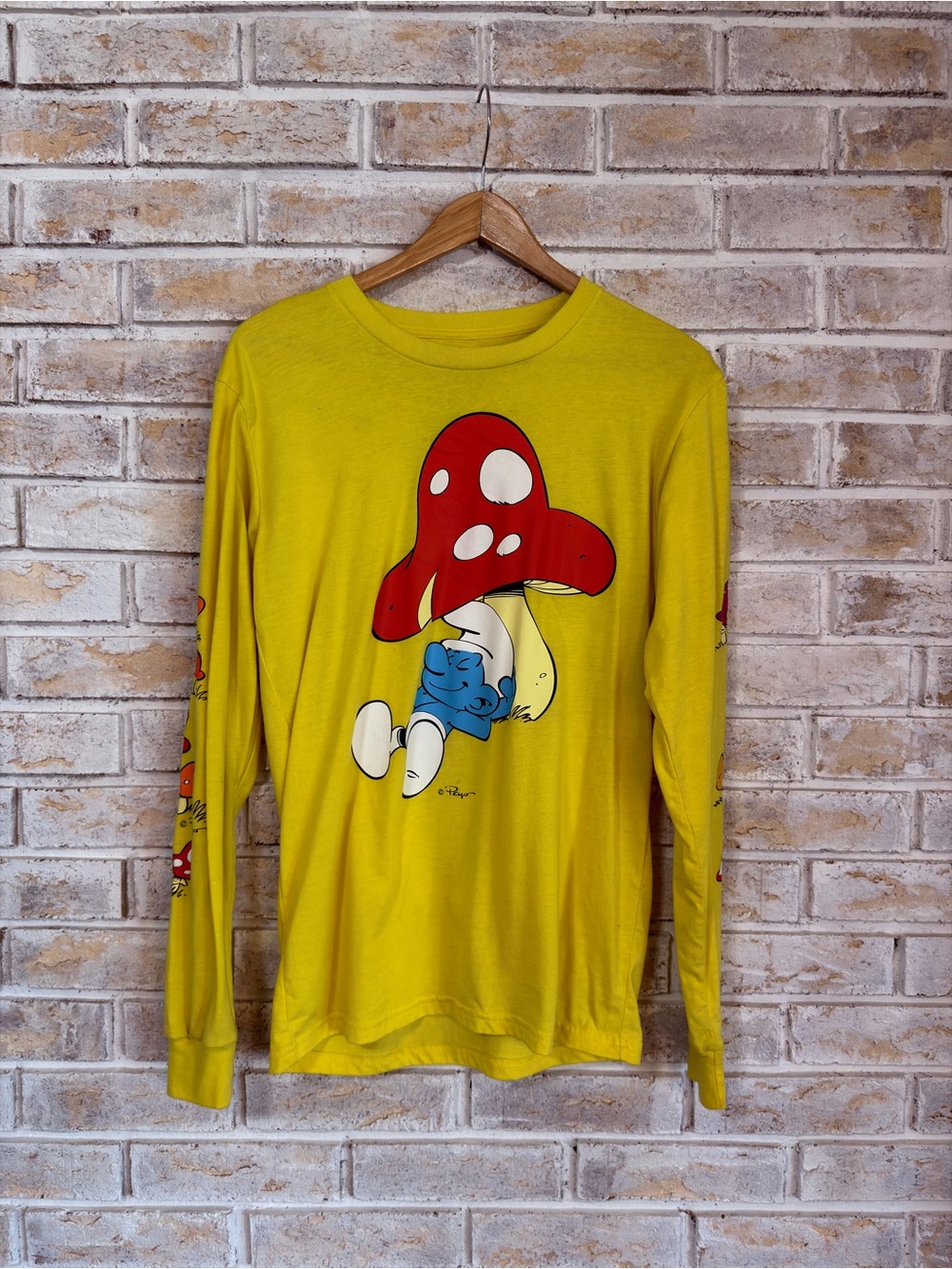 Bright Yellow Long Sleeve Graphic Tee with Red & Blue Mushroom Art